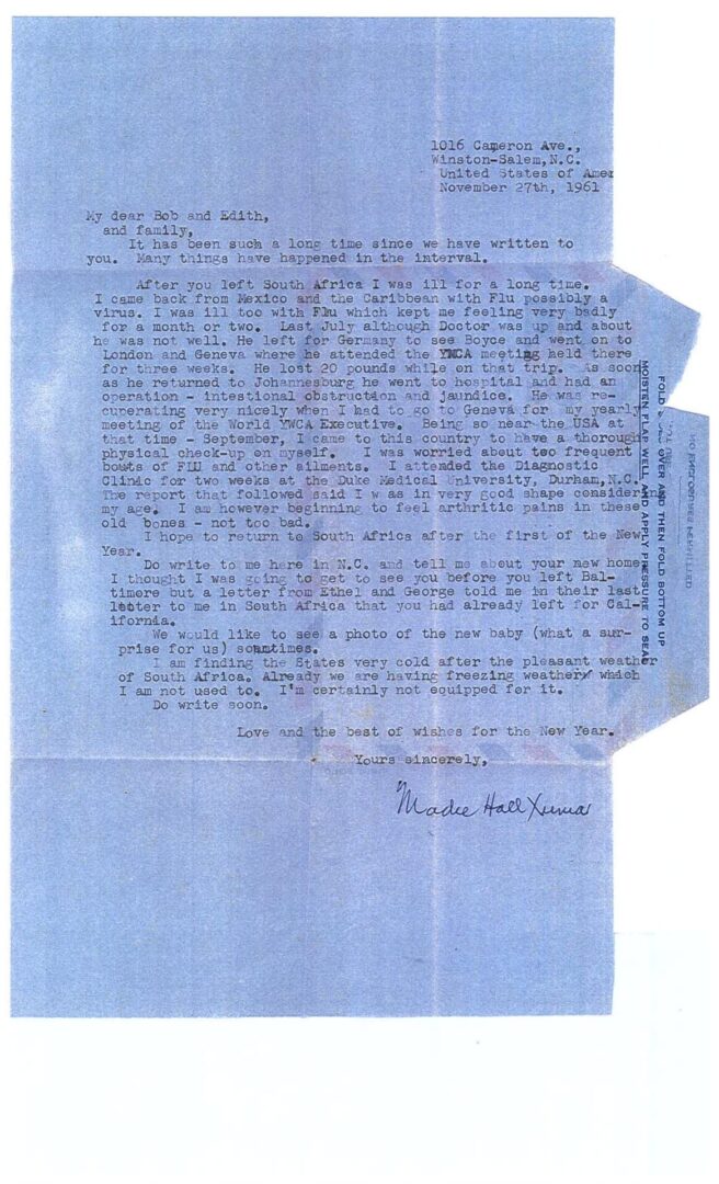 Letter from Madie Xuma to the Kokernot's (November 27, 1961)