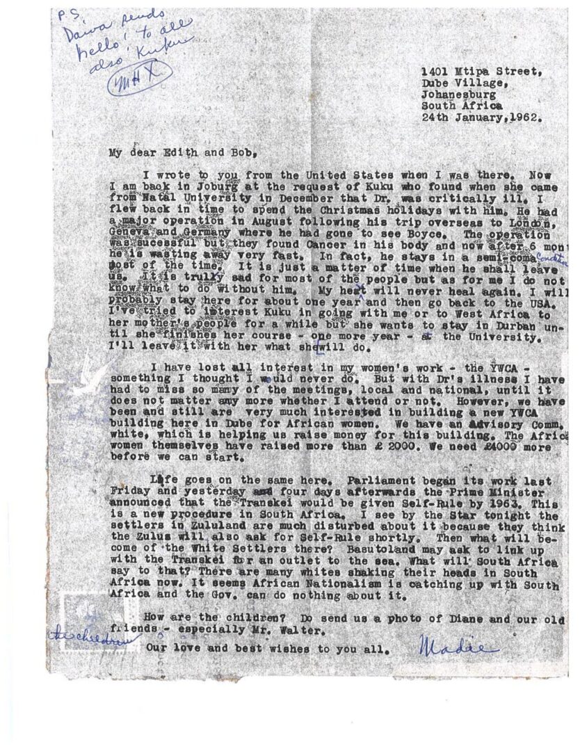 Letter from Madie Xuma to the Kokernot's (January 24, 1962)