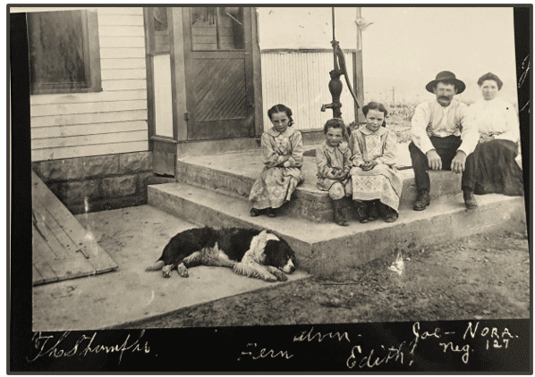 Screenshot 2025-04-02 215521 Stumpf family on porch with their dog. Fern, Alvin, Edith, Joe and Nora