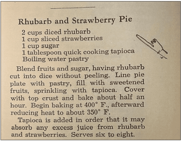 Screenshot 2025-04-04 132254 Orville frequently drew a little hand pointing to something he felt was important in books he read or studied. Here he noted a favorite recipe. Orville loved Edith’s pies.