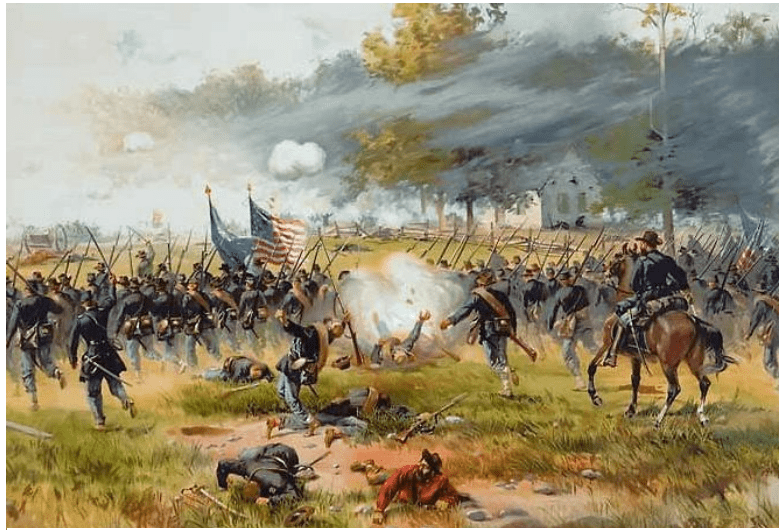 Screenshot 2025-04-04 161108 Henry Knoll’s Regiment of Union troops charge past the Dunkard Church at the Battle of Antietam.